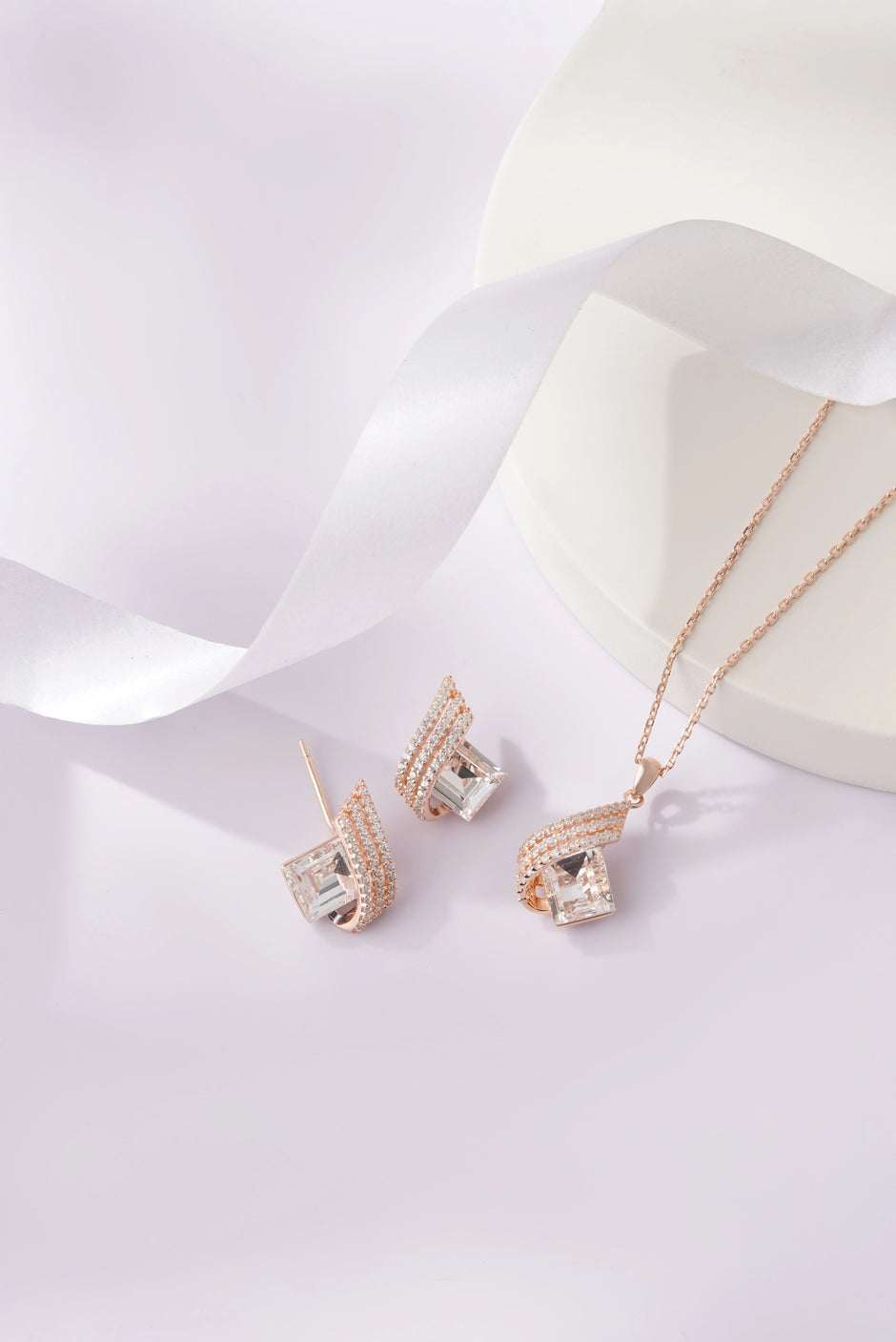 Emerald Cut Diamond 925 Sterling Silver Rose Gold Pendant Set for Women