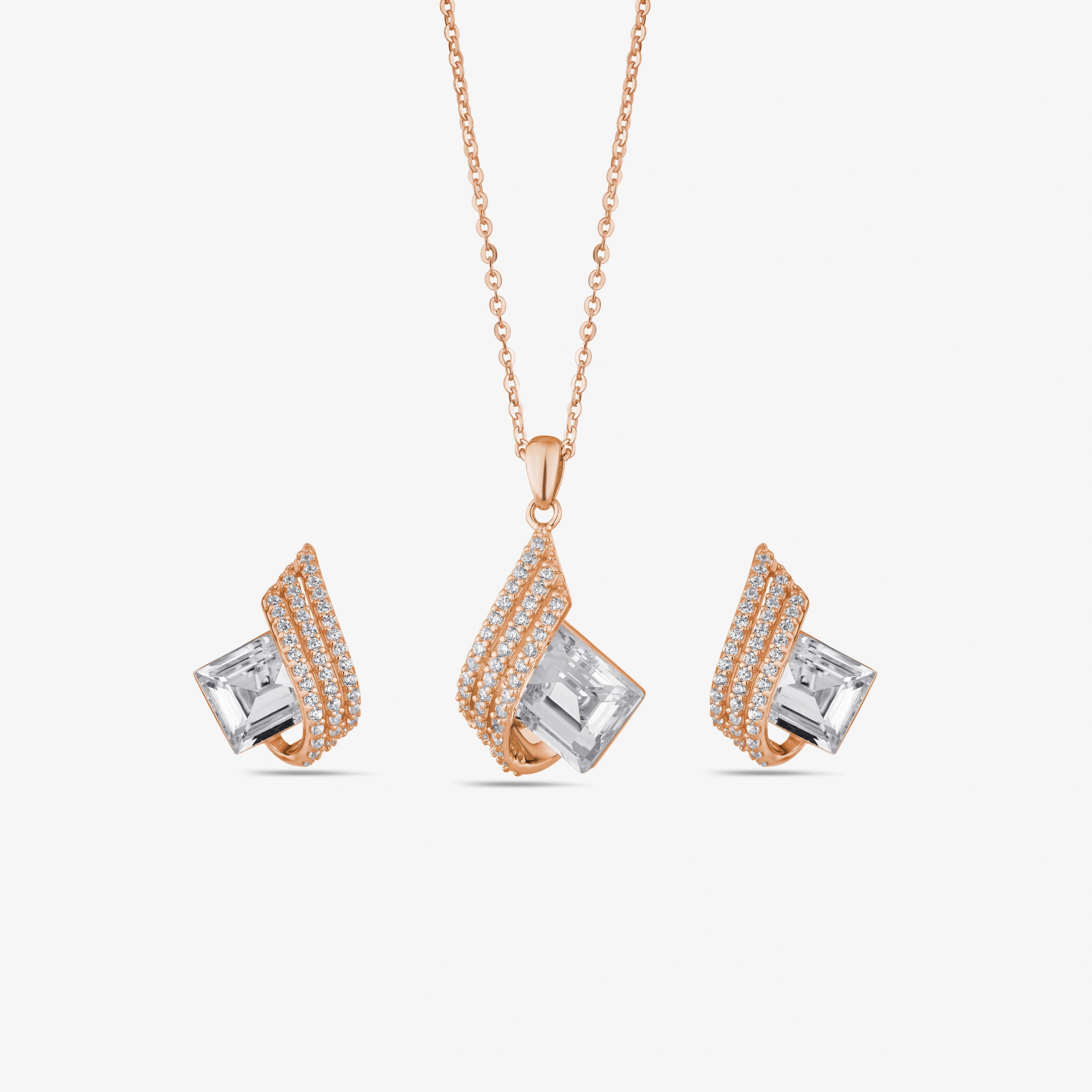 Emerald Cut Diamond 925 Sterling Silver Rose Gold Pendant Set for Women