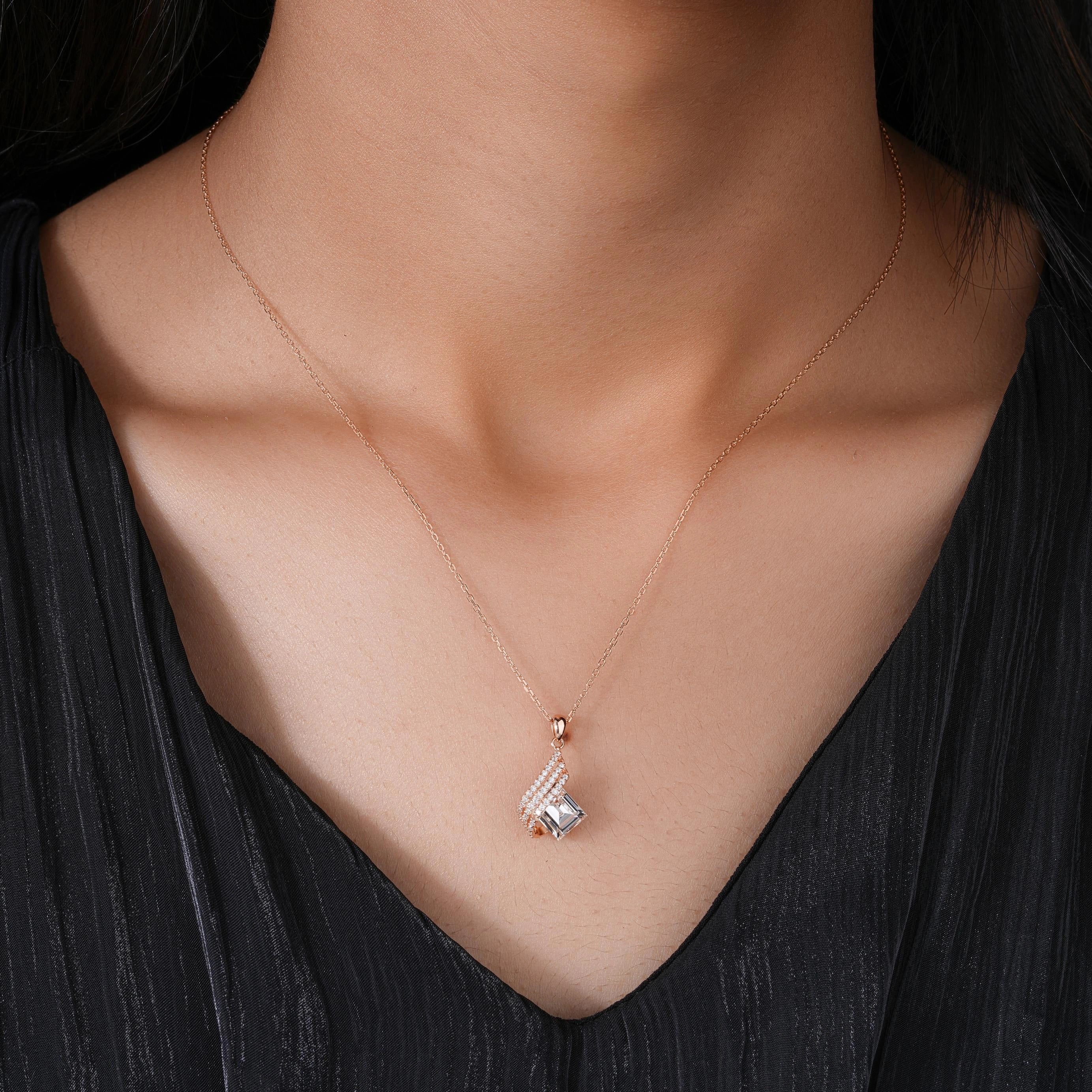 Emerald Cut Diamond 925 Sterling Silver Rose Gold Pendant Set for Women