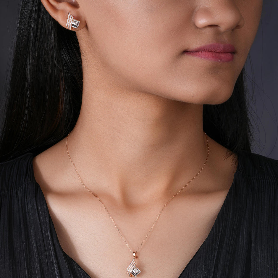 Emerald Cut Diamond 925 Sterling Silver Rose Gold Pendant Set for Women