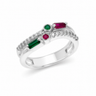925 Sterling Silver Open Ring with Green and Red CZ Stones