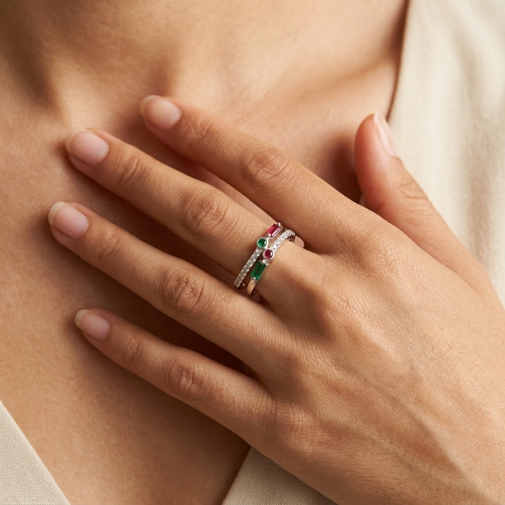 925 Sterling Silver Open Ring with Green and Red CZ Stones