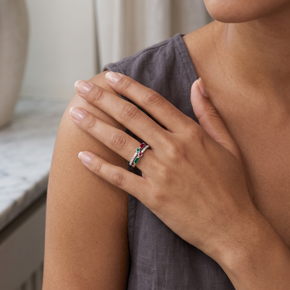 925 Sterling Silver Open Ring with Green and Red CZ Stones
