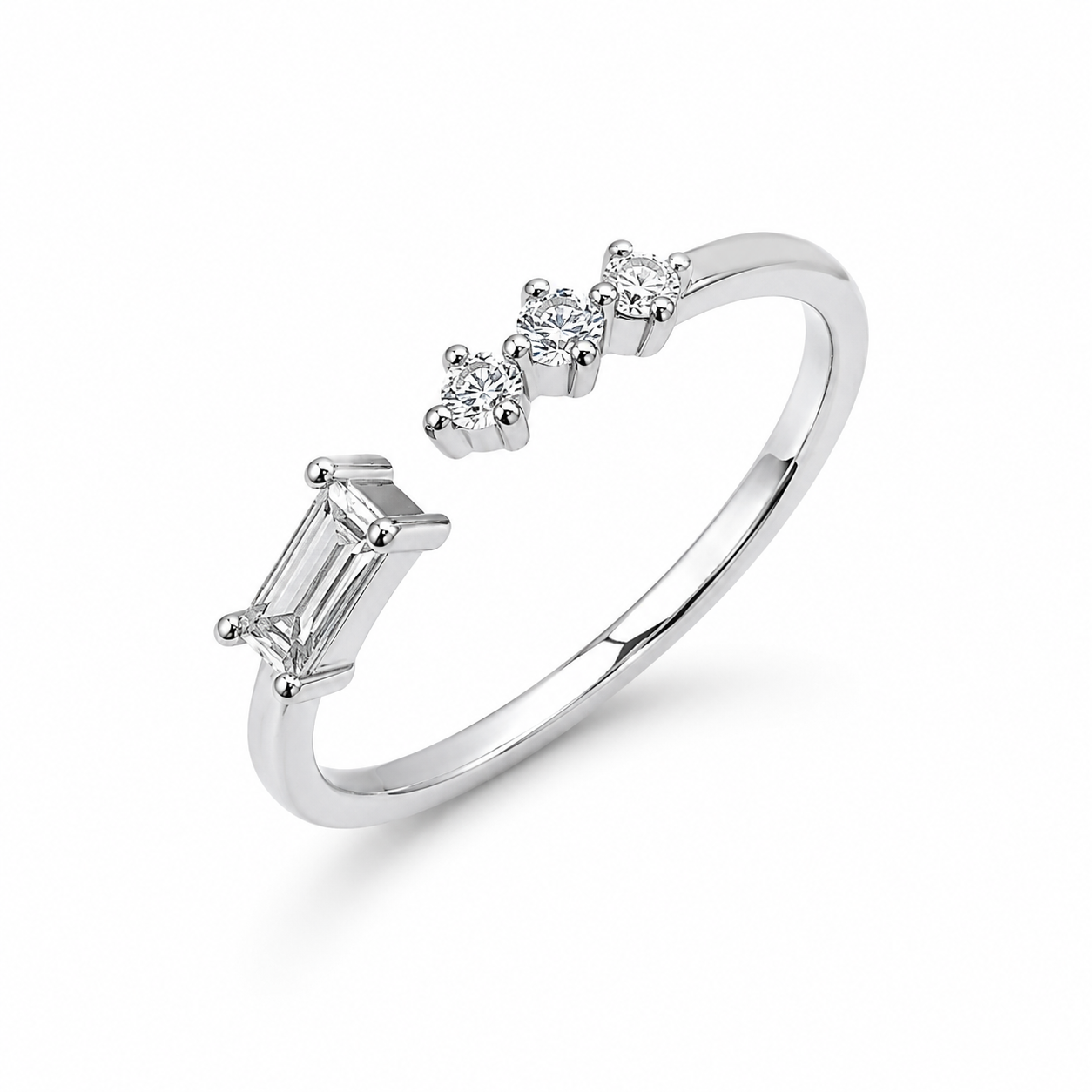 925 Sterling Silver Emerald-Cut Open Ring with Triple Round CZ Accent Stones