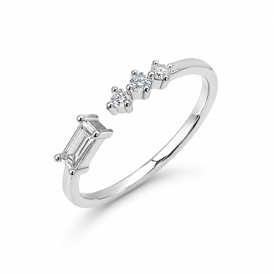 925 Sterling Silver Emerald-Cut Open Ring with Triple Round CZ Accent Stones