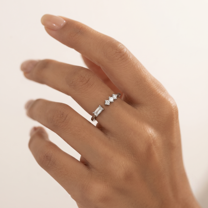 925 Sterling Silver Emerald-Cut Open Ring with Triple Round CZ Accent Stones