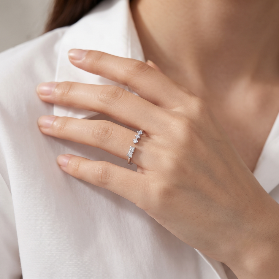 925 Sterling Silver Emerald-Cut Open Ring with Triple Round CZ Accent Stones