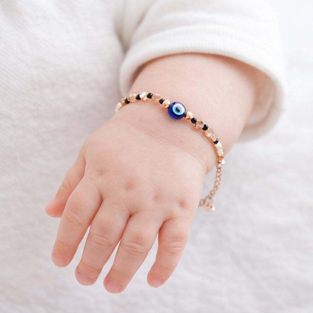 Evil Eye Harmony Beaded 925 Sterling Silver Rose Gold Kid's Bracelet