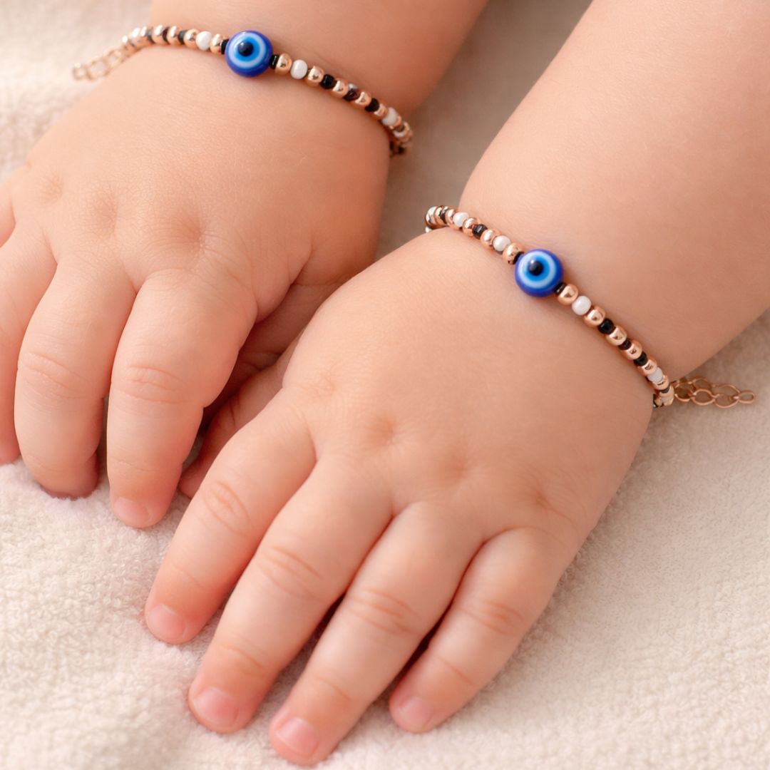 Evil Eye Harmony Beaded 925 Sterling Silver Rose Gold Kid's Bracelet