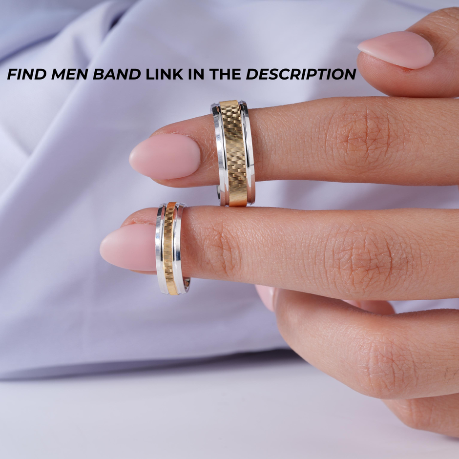 Classic Dual-Tone Diamond Texture Design 925 Sterling Silver Yellow Gold Couple Band for Women