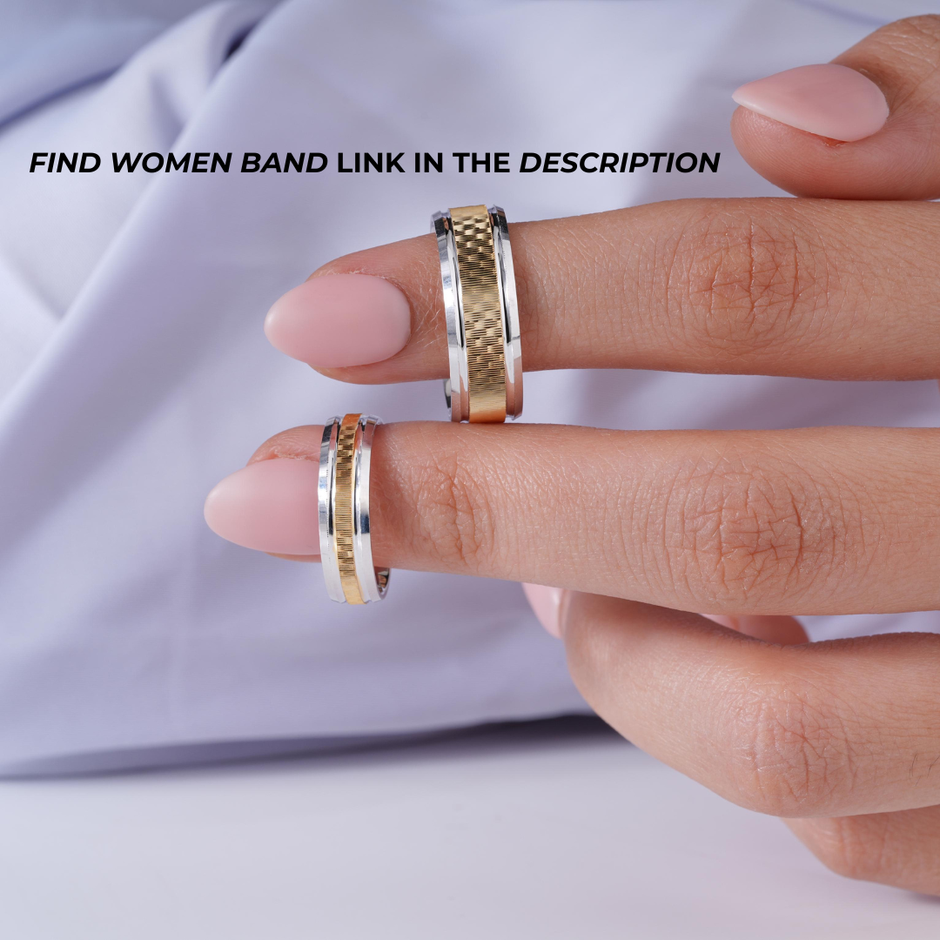 Elegant Linear Design 925 Sterling Silver Yellow Gold Couple Band for Men