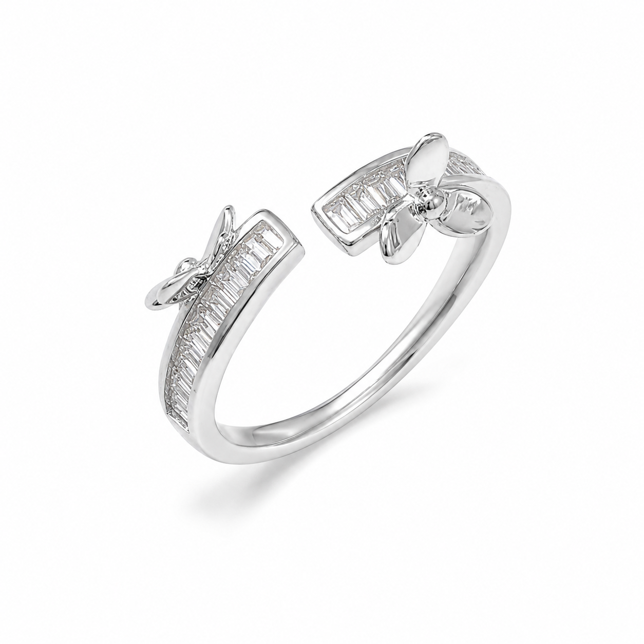 925 Sterling Silver Butterfly Baguette CZ Adjustable Ring.