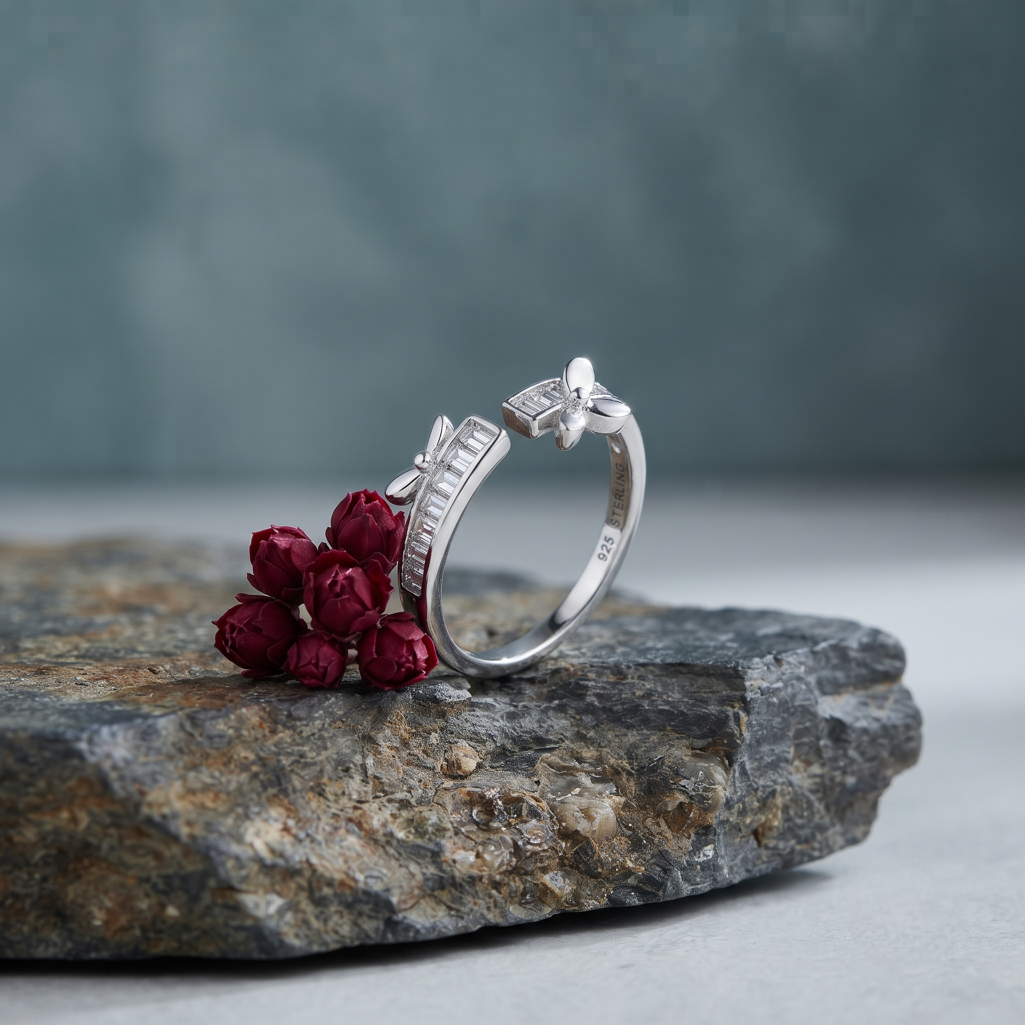 925 Sterling Silver Butterfly Baguette CZ Adjustable Ring.