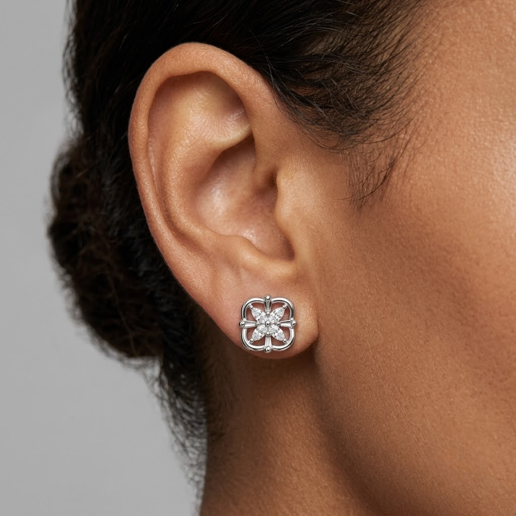 Floral Clover CZ Diamond Design 925 Sterling Silver Stud Earrings for Women