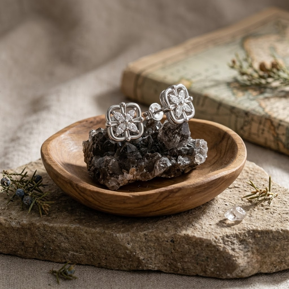 Floral Clover CZ Diamond Design 925 Sterling Silver Stud Earrings for Women