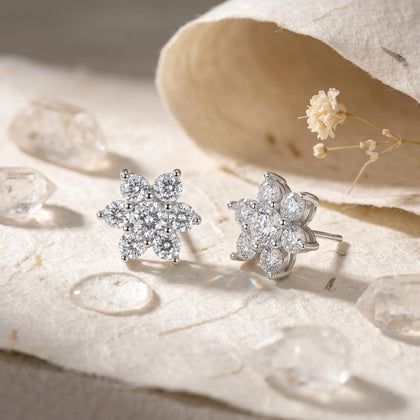 Floral Cluster Diamond 925 Sterling Silver Stud Earrings for Women