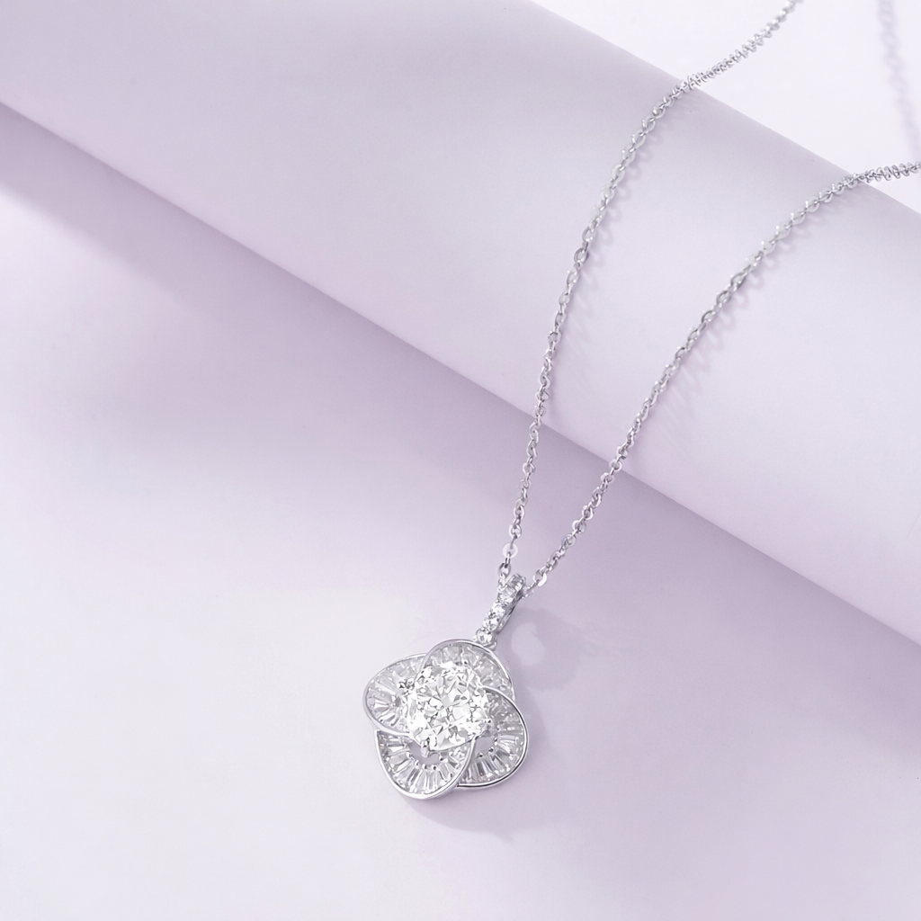 Floral Cushion Cut White Diamond CZ 925 Sterling Silver Pendant Necklace for Women