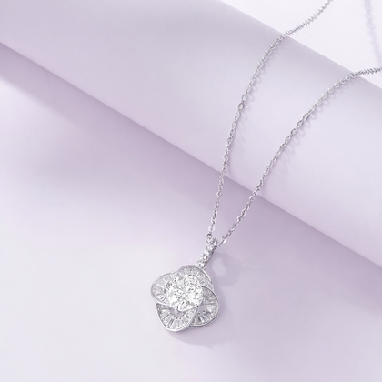 Floral Cushion Cut White Diamond CZ 925 Sterling Silver Pendant Necklace for Women