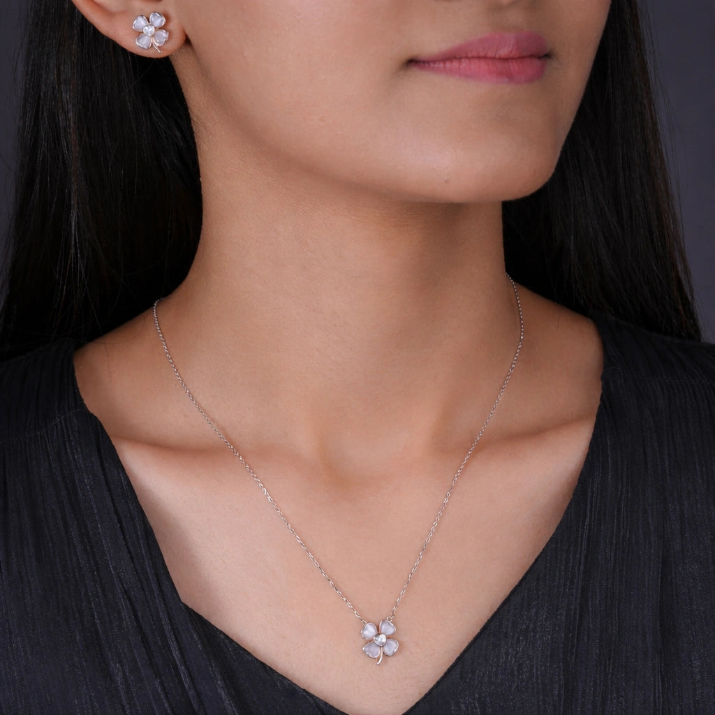 925 sterling silver white flower earrings and matching pendant necklace set for women with sparkling stone design
