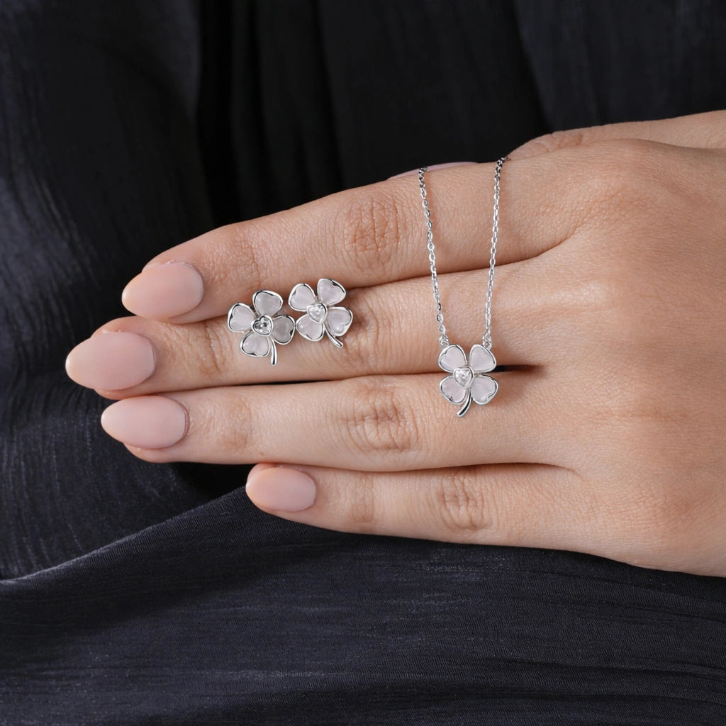 925 sterling silver white flower earrings and matching pendant necklace set for women with sparkling stone design