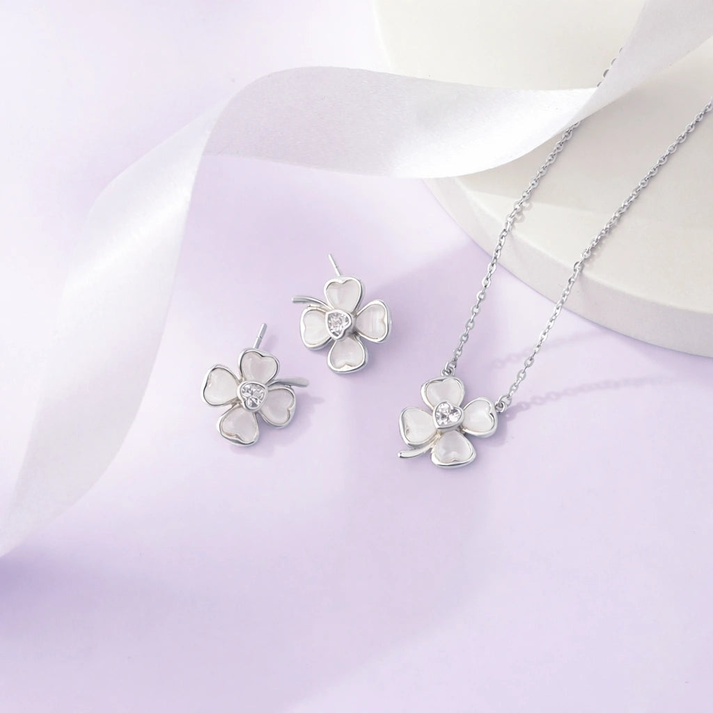 925 sterling silver white flower earrings and matching pendant necklace set for women with sparkling stone design