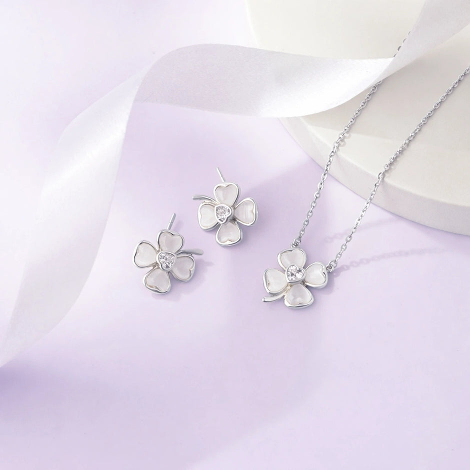 925 sterling silver white flower earrings and matching pendant necklace set for women with sparkling stone design