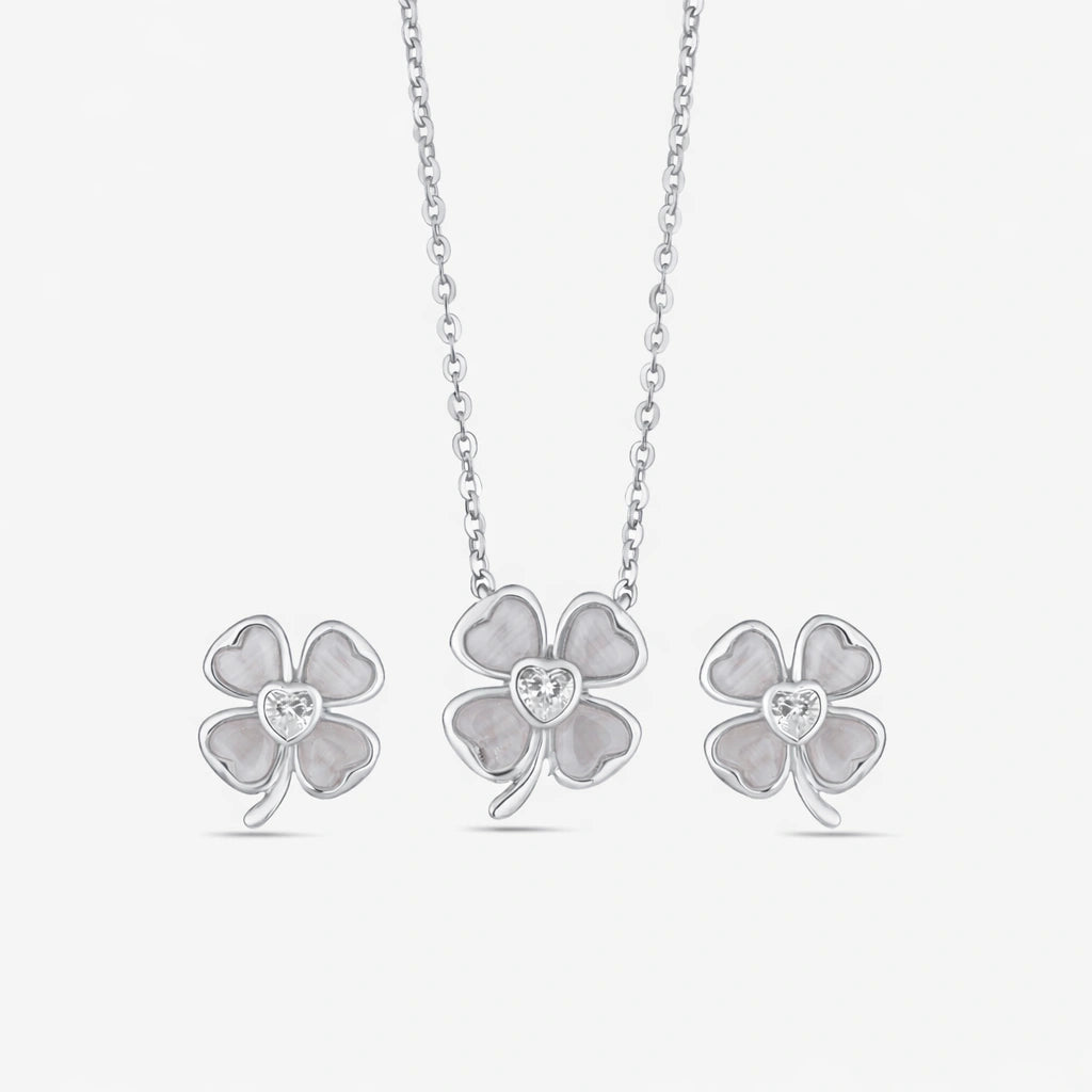 925 sterling silver white flower earrings and matching pendant necklace set for women with sparkling stone design