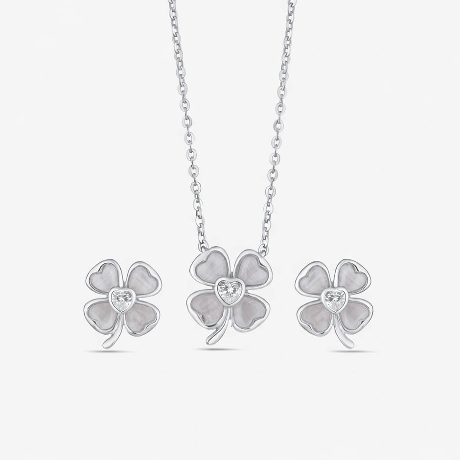 925 sterling silver white flower earrings and matching pendant necklace set for women with sparkling stone design