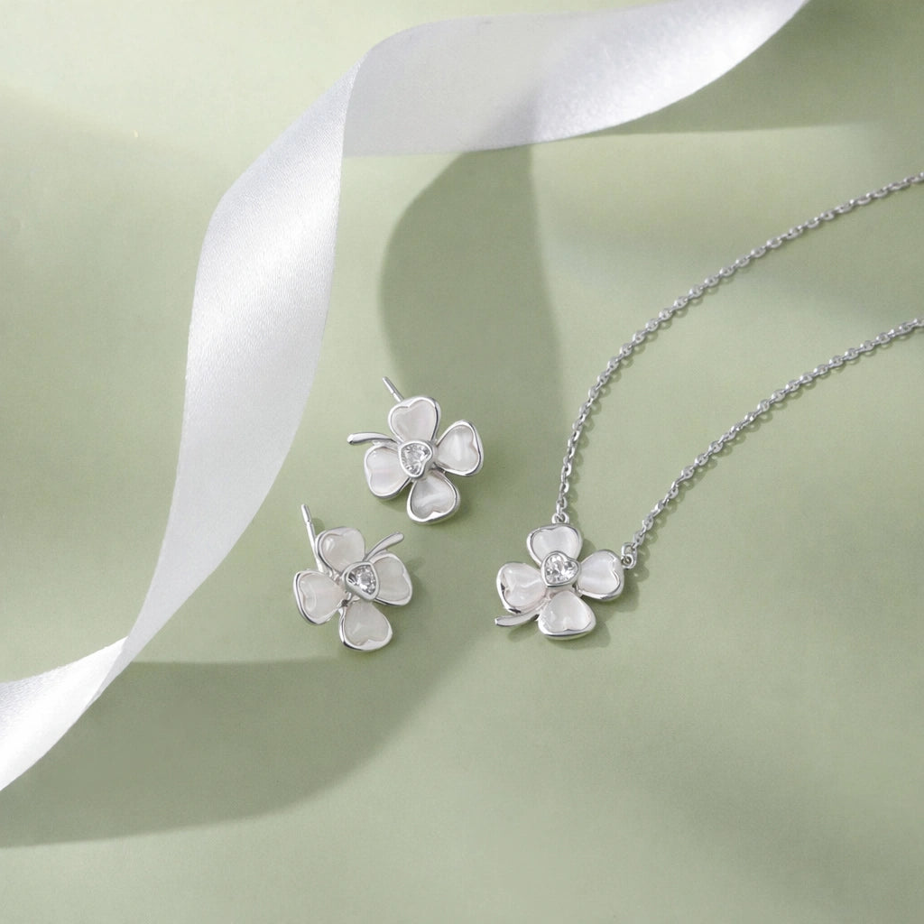 925 sterling silver white flower earrings and matching pendant necklace set for women with sparkling stone design