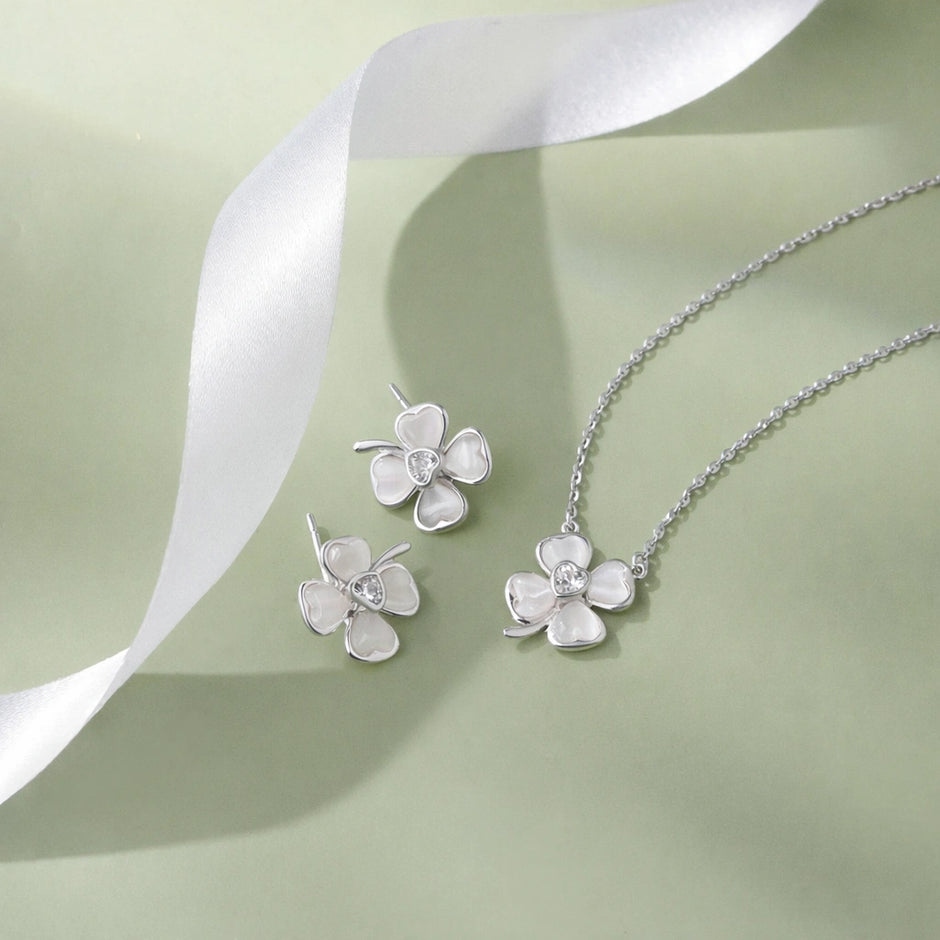 925 sterling silver white flower earrings and matching pendant necklace set for women with sparkling stone design