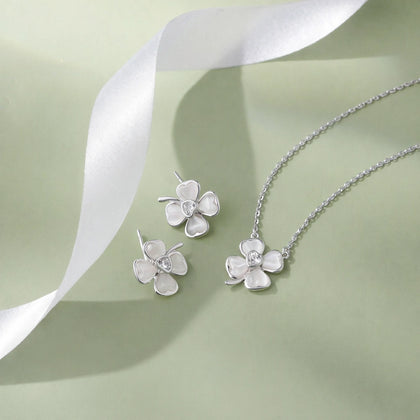 925 sterling silver white flower earrings and matching pendant necklace set for women with sparkling stone design