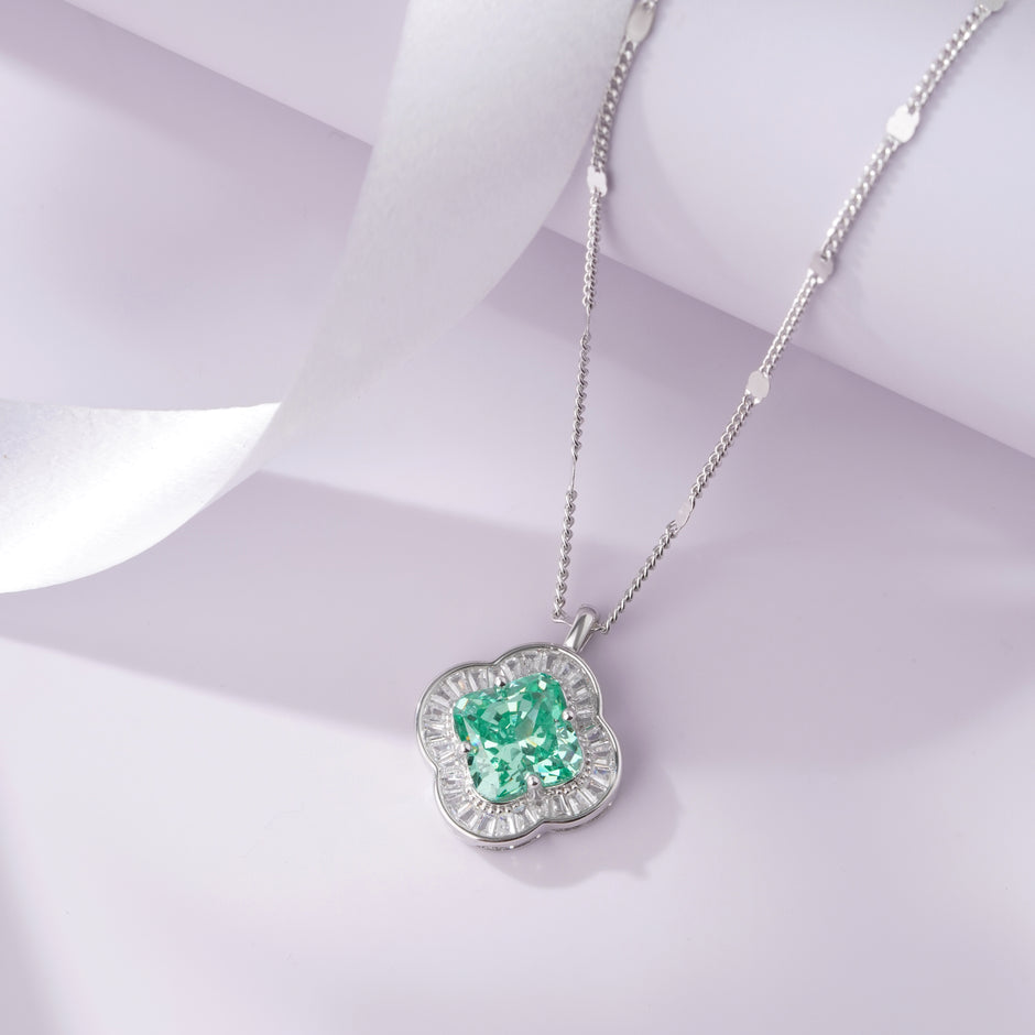 Floral Green Stone 925 Silver Pendant Necklace