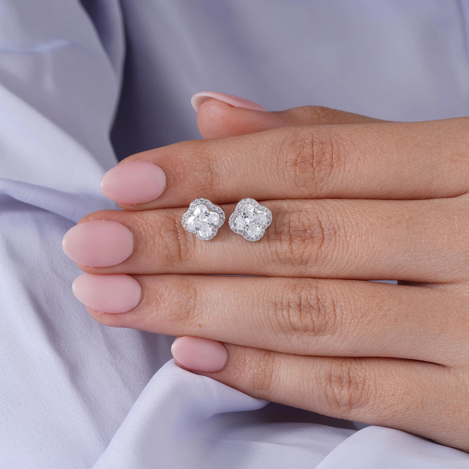 Floral Design White Diamond CZ Stud Earrings