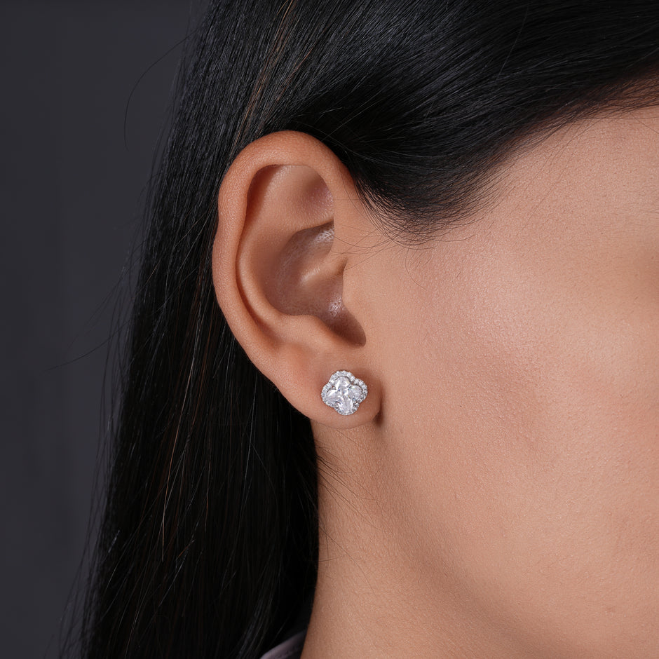 Floral Design White Diamond CZ Stud Earrings