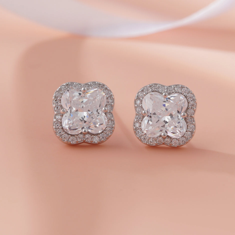 Floral Design White Diamond CZ Stud Earrings