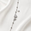 925 Sterling Silver Bracelet with Double CZ Heart Charms, Pearl Drop, and Beaded Chain on White Background