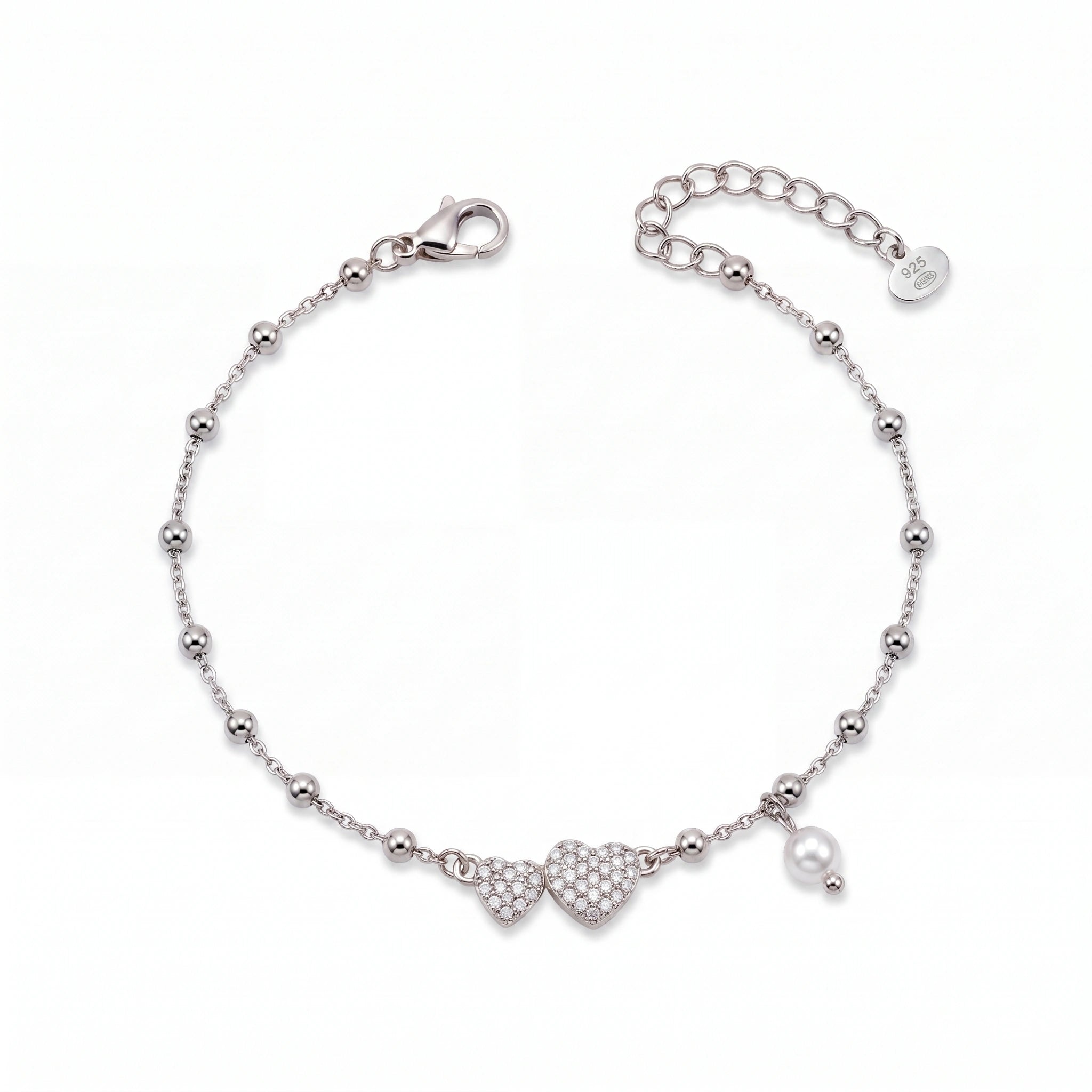 925 Sterling Silver Bracelet with Double CZ Heart Charms, Pearl Drop, and Beaded Chain on White Background