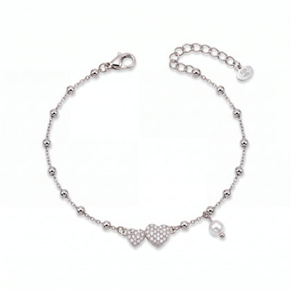 925 Sterling Silver Bracelet with Double CZ Heart Charms, Pearl Drop, and Beaded Chain on White Background