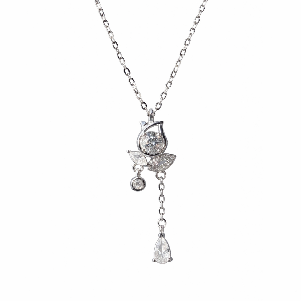 floral drop diamond 925 silver pendant chain