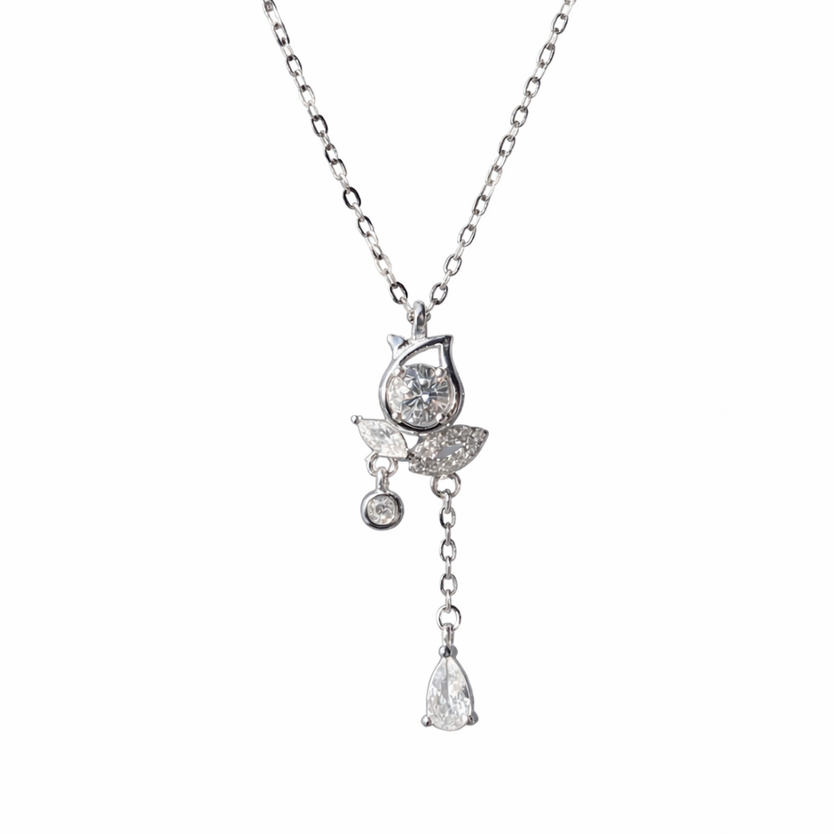 floral drop diamond 925 silver pendant chain