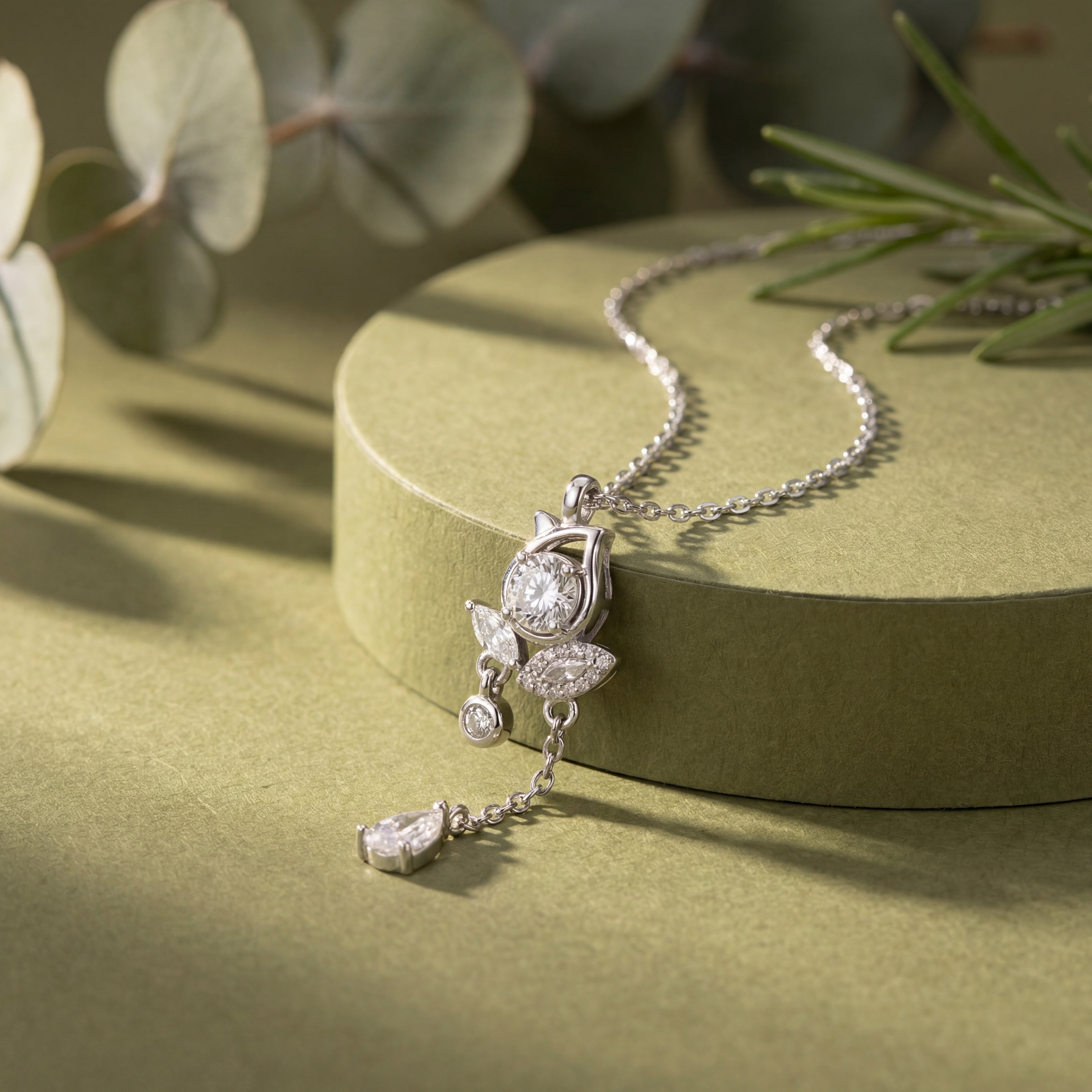 floral drop diamond 925 silver pendant chain