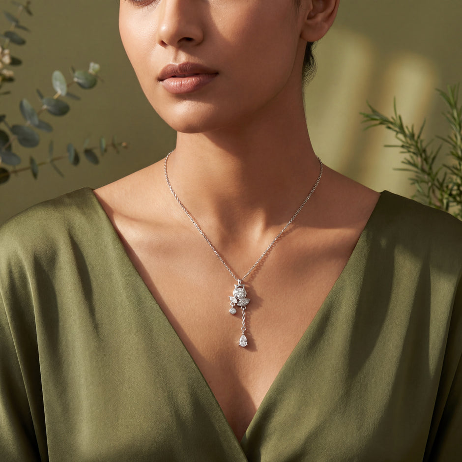 floral drop diamond 925 silver pendant chain