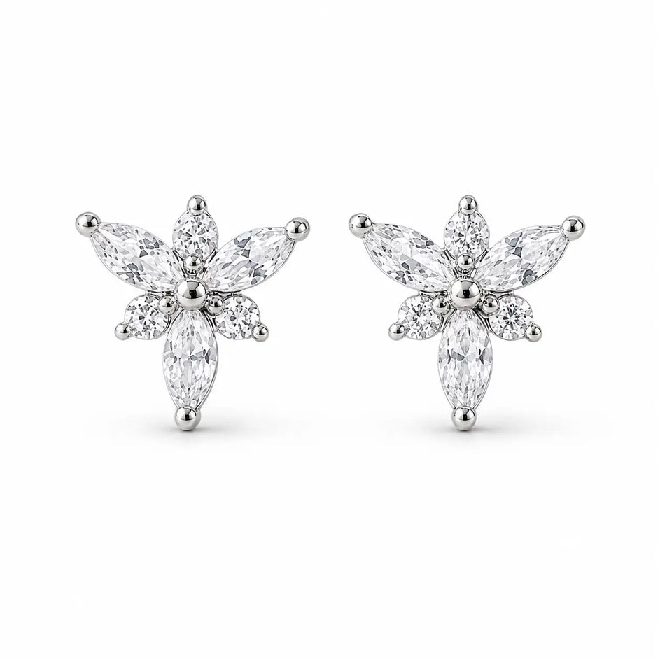Floral Marquise Diamond 925 Sterling Silver Stud Earrings for Women