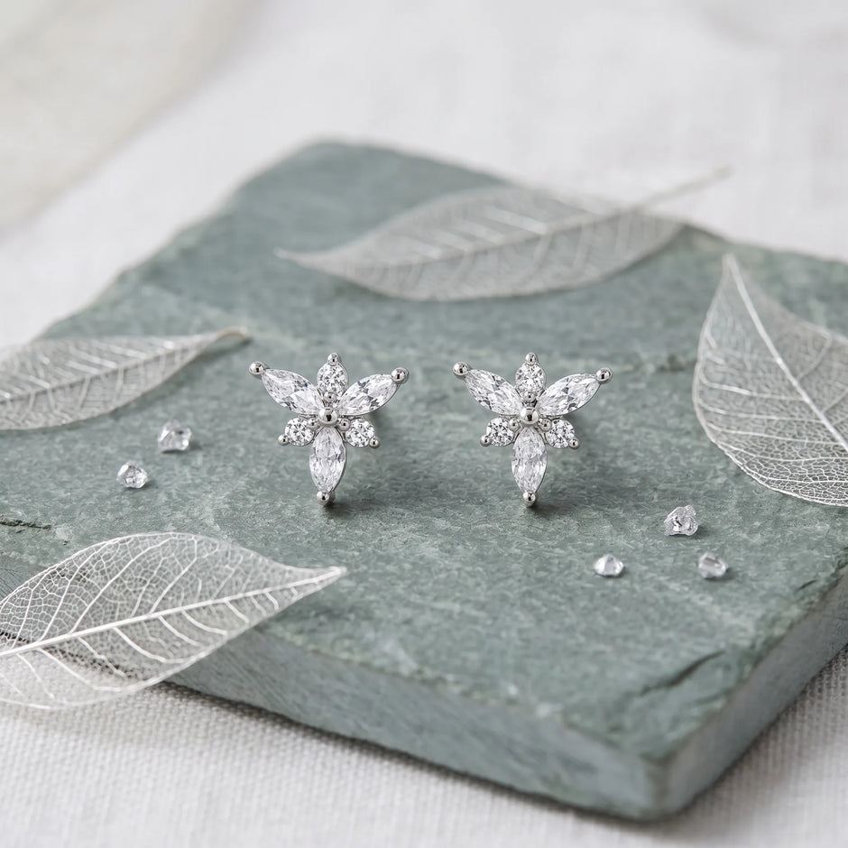 Floral Marquise Diamond 925 Sterling Silver Stud Earrings for Women