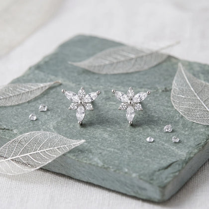 Floral Marquise Diamond 925 Sterling Silver Stud Earrings for Women