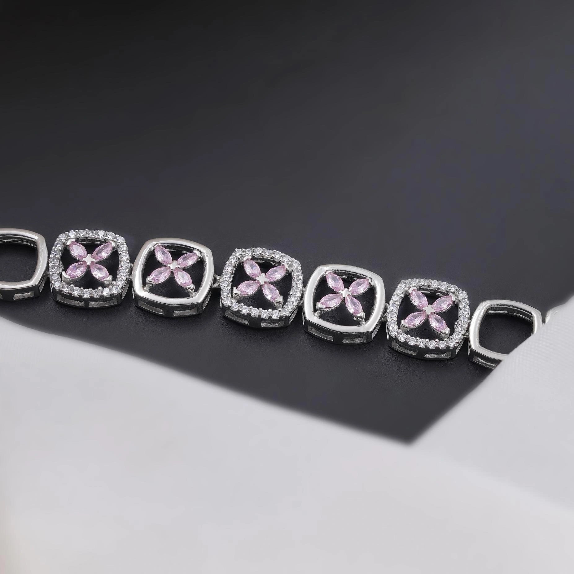 Floral Geometric Diamond Adjustable Silver Bracelet for Women