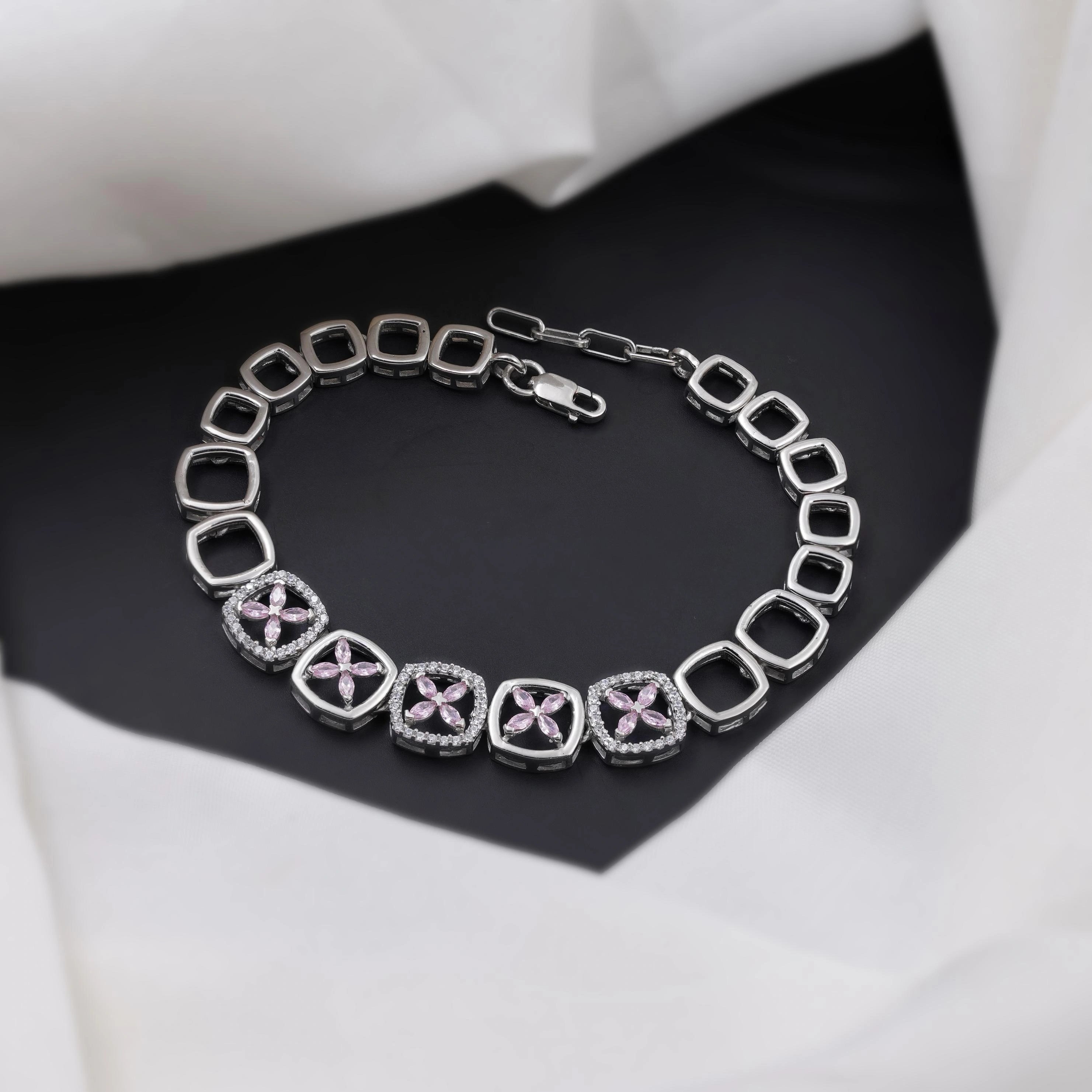 Floral Geometric Diamond Adjustable Silver Bracelet for Women