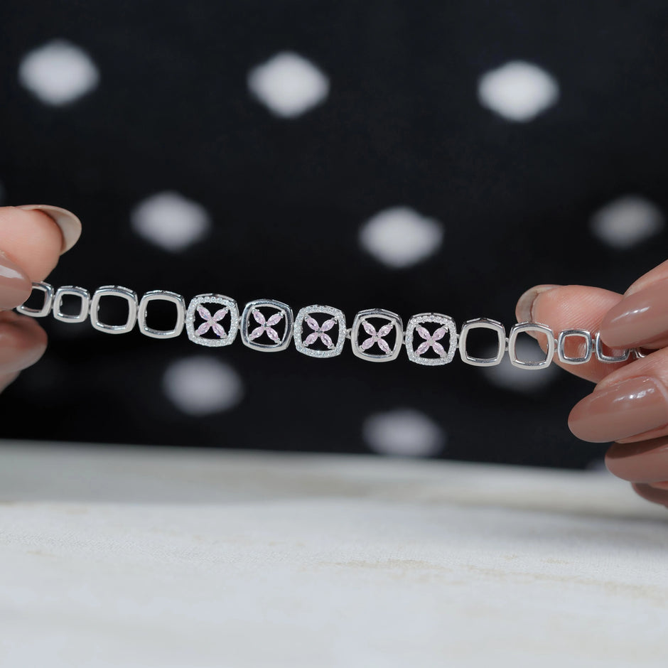 Floral Geometric Diamond Adjustable Silver Bracelet for Women