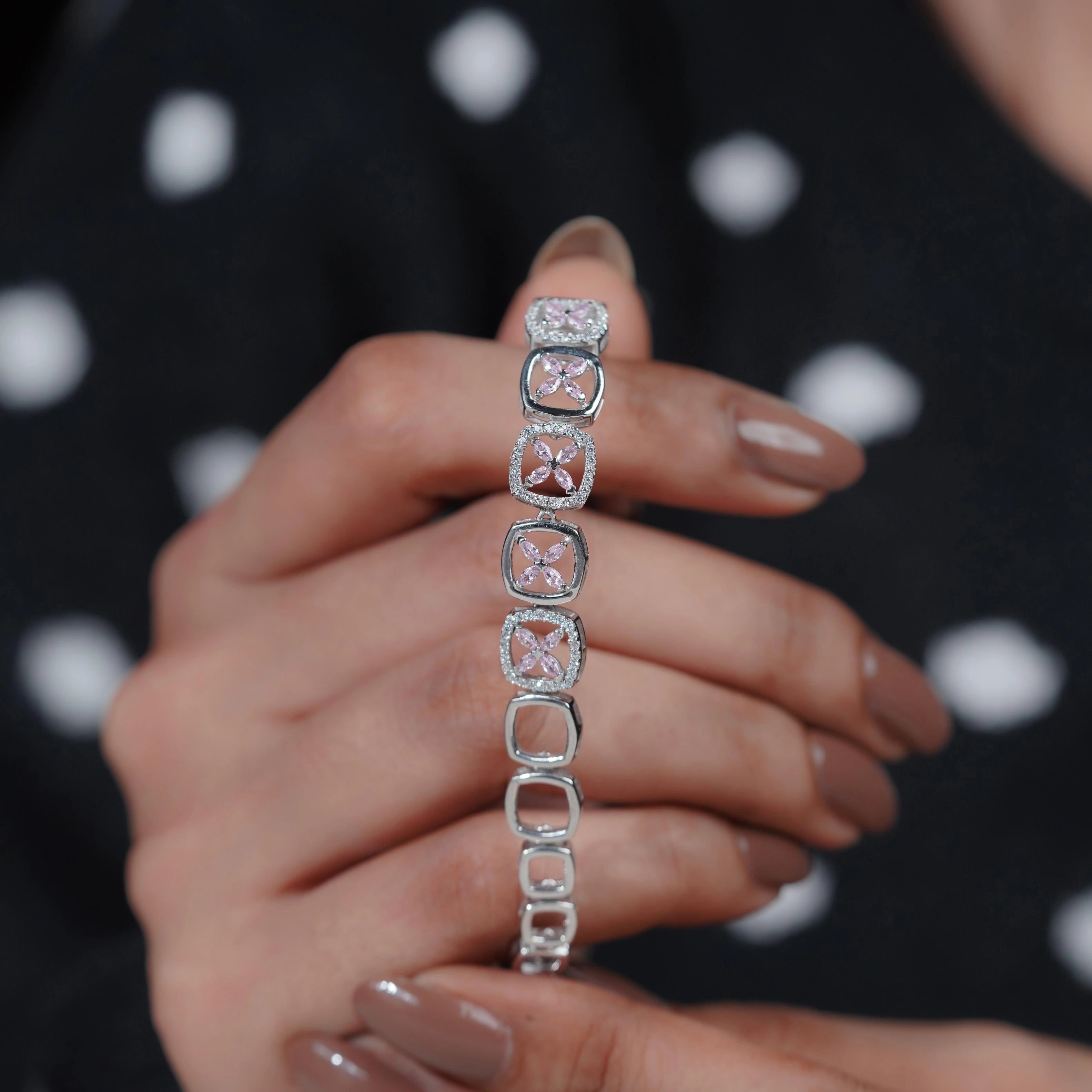Floral Geometric Diamond Adjustable Silver Bracelet for Women