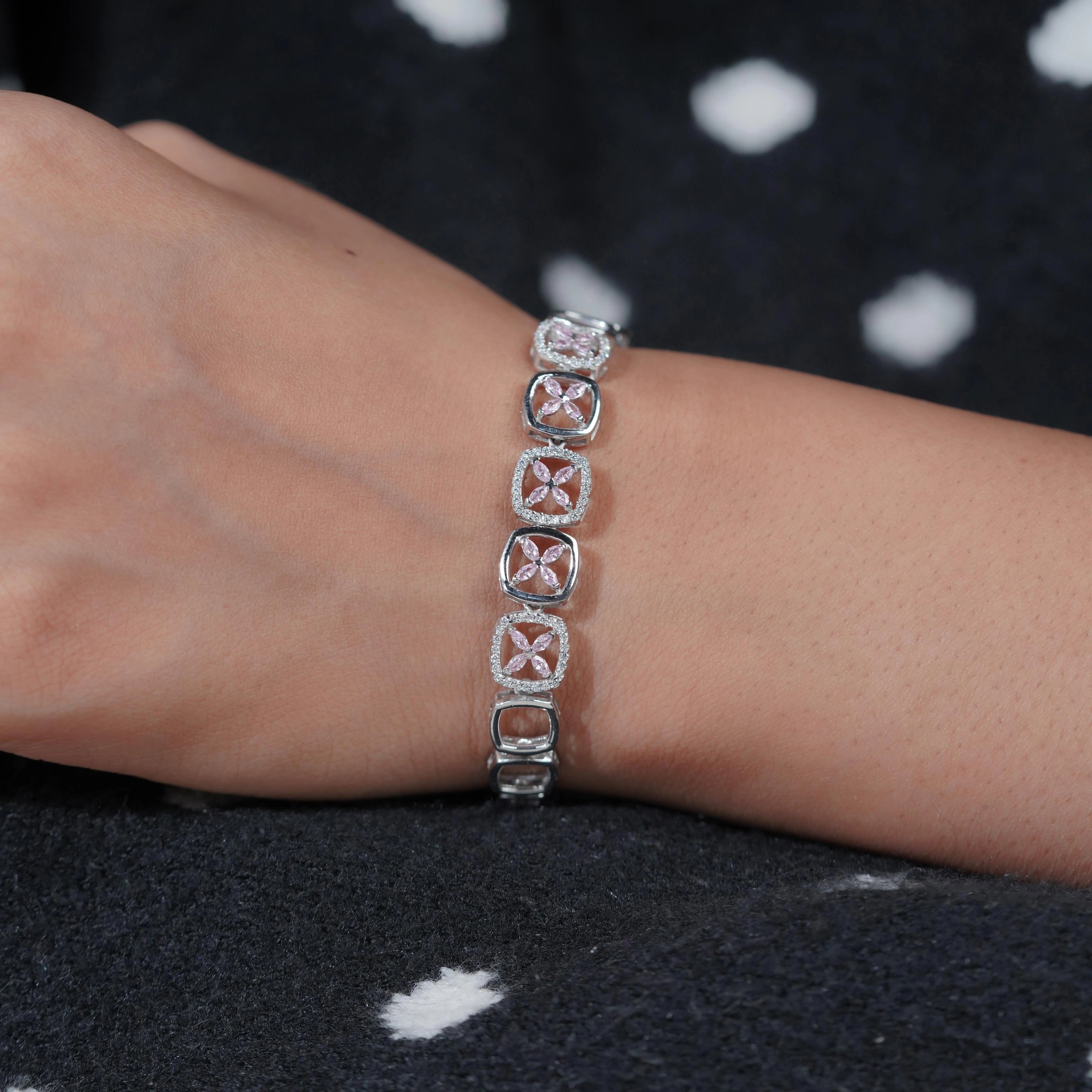 Floral Geometric Diamond Adjustable Silver Bracelet for Women